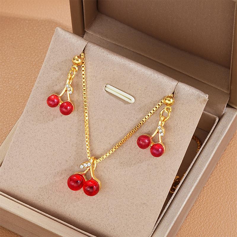 Red Cherry Pendant Necklace Stud Earrings Set Women'S  Fruit Necklace Earrings Jewery Set For Party Wedding Girls Gifts