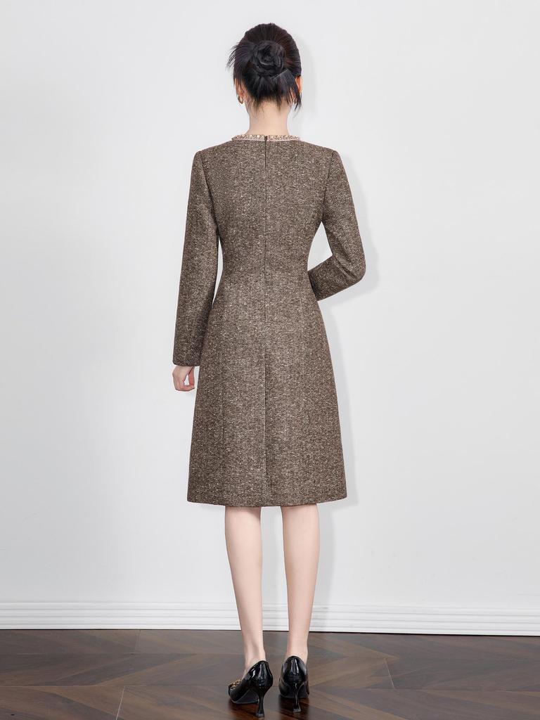 Kadınlar İçin Taşlı Yaka, Şık Sosyetik, Altın İplikli Balıksırtı Yün Elbise