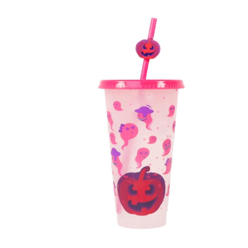 Plastic Colorchanging Cold Halloween Pumpkin Cup With Straw Capacity Large