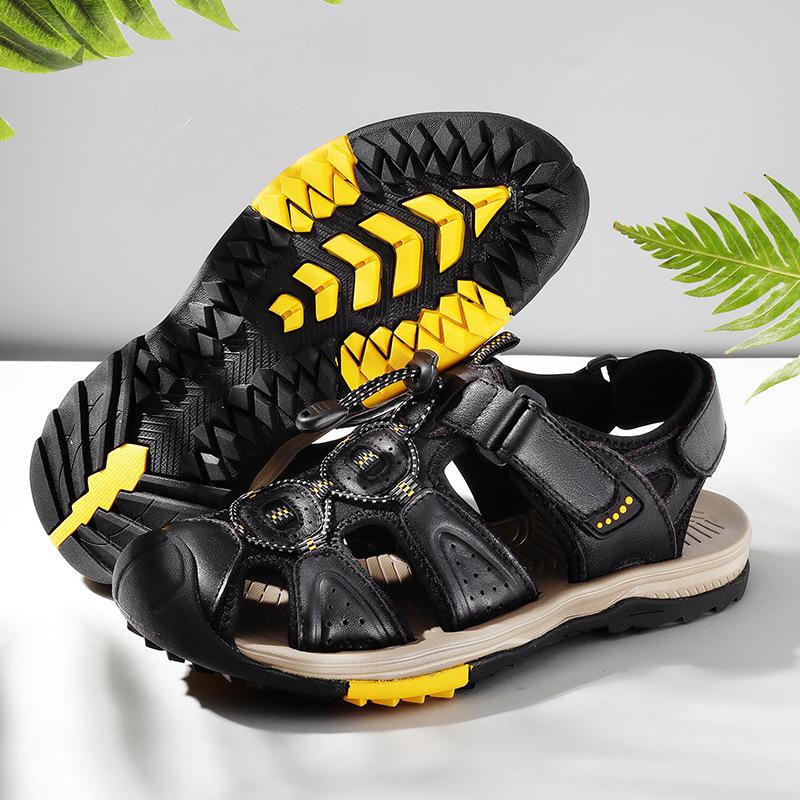 Fashion Summer Men's Top Layer Cowhide Bag-Toe Casual Outdoor Beach Sandals Comfortable Velcro Non-Slip Breathable Zapatillas Hombre