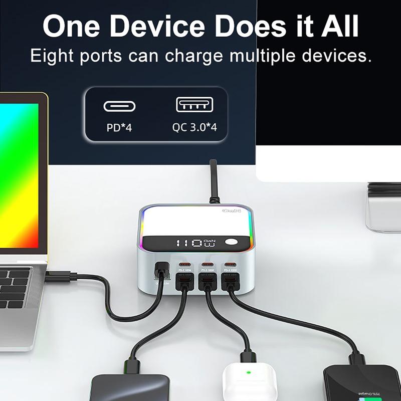 120W Desktop Charger USB Universal Multi-Port PD Fast Charger with Multi-Color Ambient Lighting Display for Mobile Phones Laptop