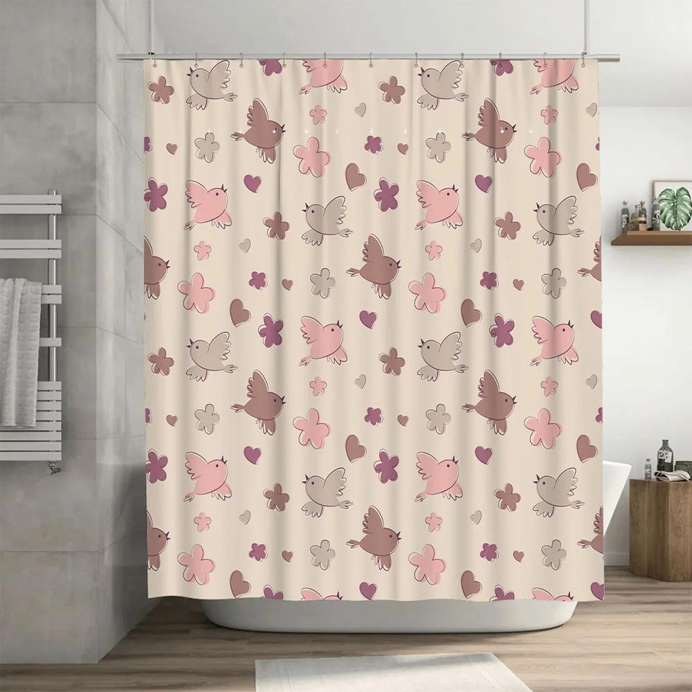 Charming Pink Brown Floral Birds Shower Curtain Decor for Bathroom Soft Fabric, Waterproof