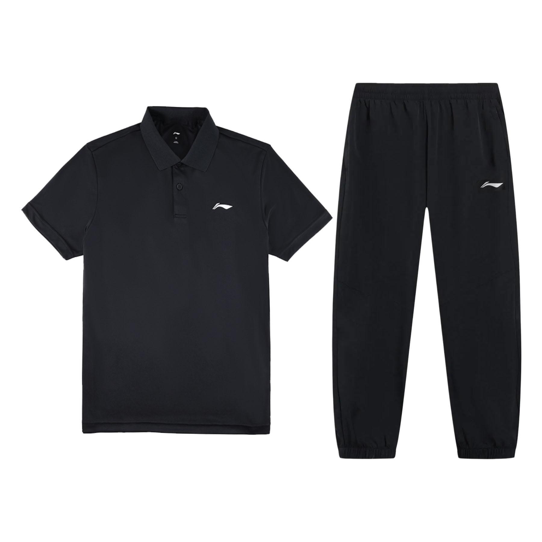 

Li-Ning Summer Polo Short Sleeve Long Pants Cuff Quick-Dry Breathable Cool Solid Color Casual Sports Set Men sets Black APLW831-1+AYKT415-1 S