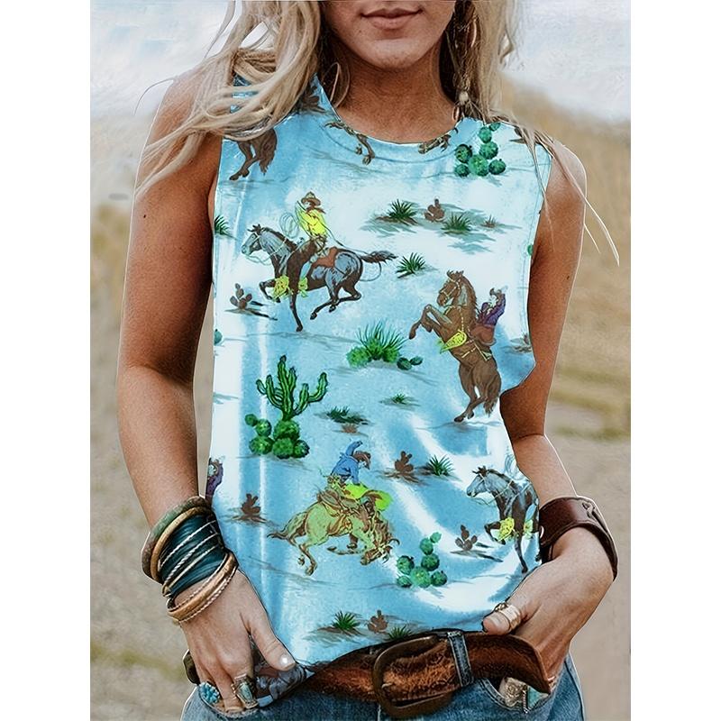 Lady Western-style printed short-sleeved T-shirt, Western style, sleeveless round-neck women's T-shirt