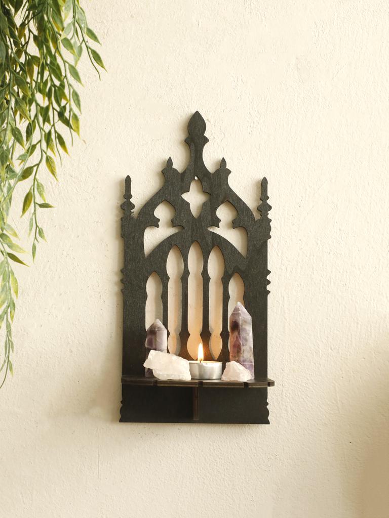 Black Gothic Wooden Shelf Hollow Vintage Fence Shape Wall Hanging Decor Floating Shelves Wall Decor Crystal Holder Room Decor