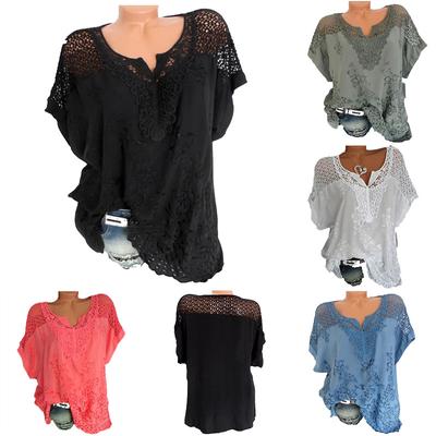 Baggy Casual Lace Hollow T-Shirt Short Sleeve Blouse V-neck Batwing