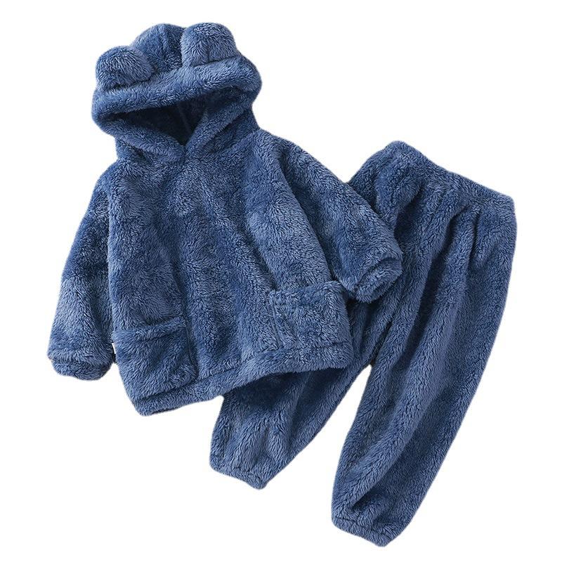 Autumn and Winter Children's Sleepwear Warm Fleece Hooded Pullover Pants Kids Boys Sets Clothing Home Leisure Wear Toddler Girl Teddy Bear Home Set
