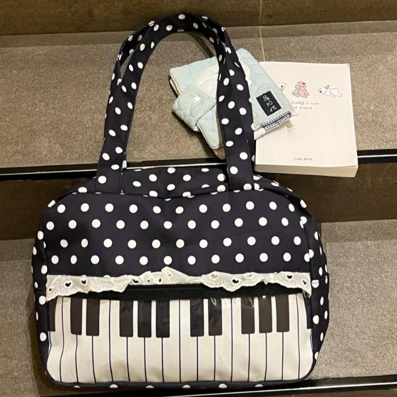 Black Polka Dot Handbag Women Piano Design Shoulder Bag Lace Trim Butterfly Ribbon Underarm Bag Fashion Musical Note Tote Bag