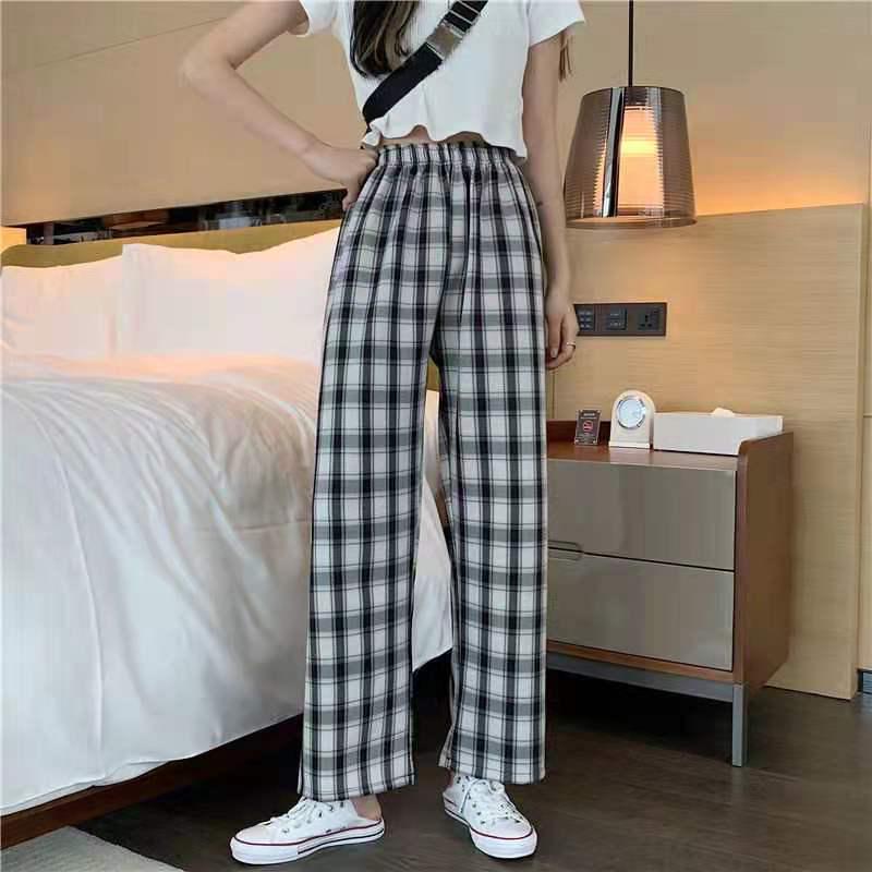 Women's High-Waist Black & White Plaid Wide-Leg Pants - Slim, Versatile, Casual, Loose, with Velvet, Ideal for Autumn and Winter