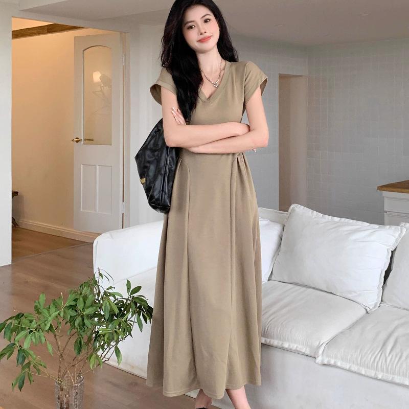 

Dress women s clothing solid color simple V-neck waist temperament long thin versatile dress long dress loose large size 3XL хакі