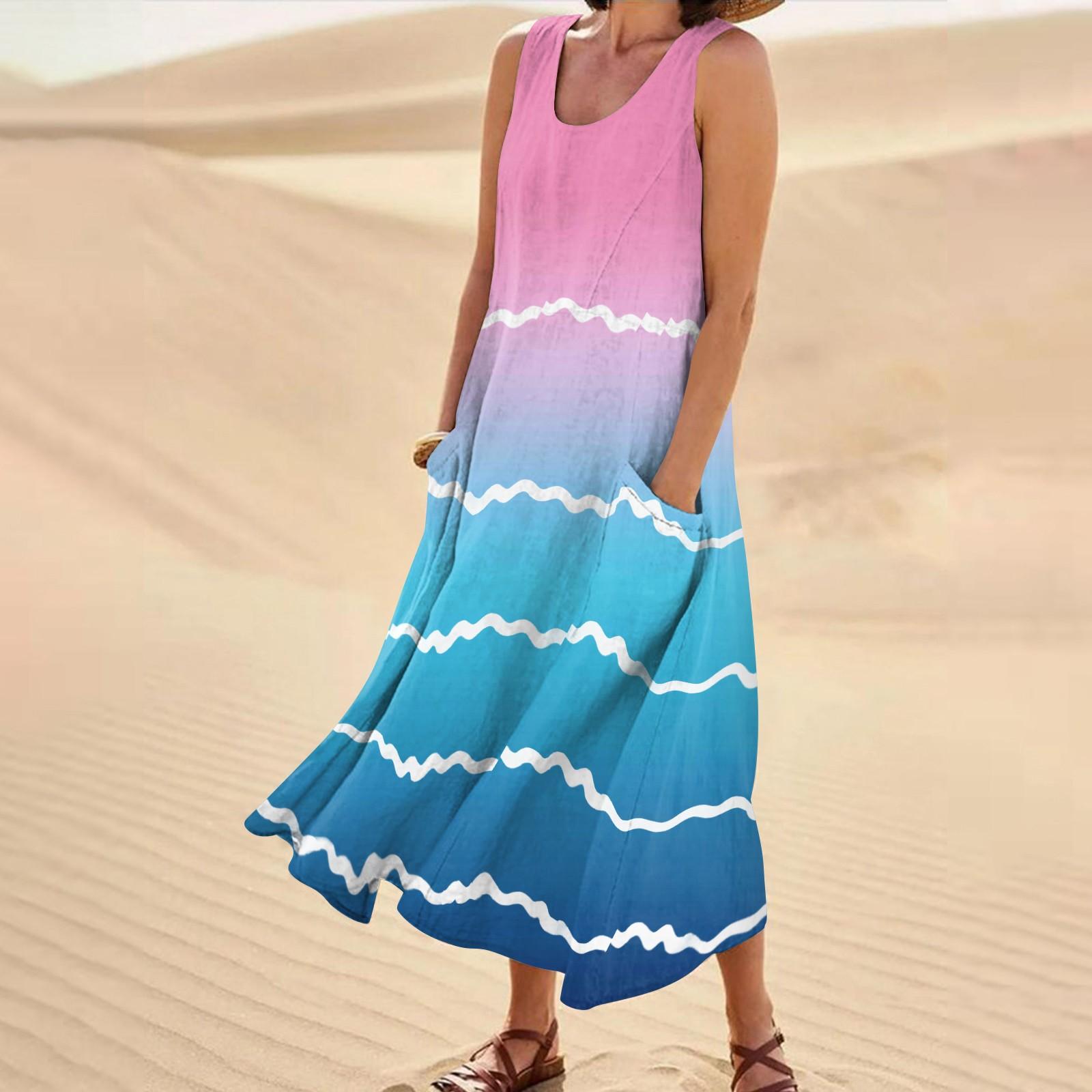 Женское летнее повседневное модное платье в полоску с принтом без рукавов и круглым — фото 13