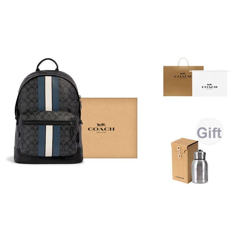 Coach Zaino Grande Capacità West 35 Classic Monogramma Blu e Bianco a Strisce Zaino da Uomo Nero Grigio 3001-QBOH0