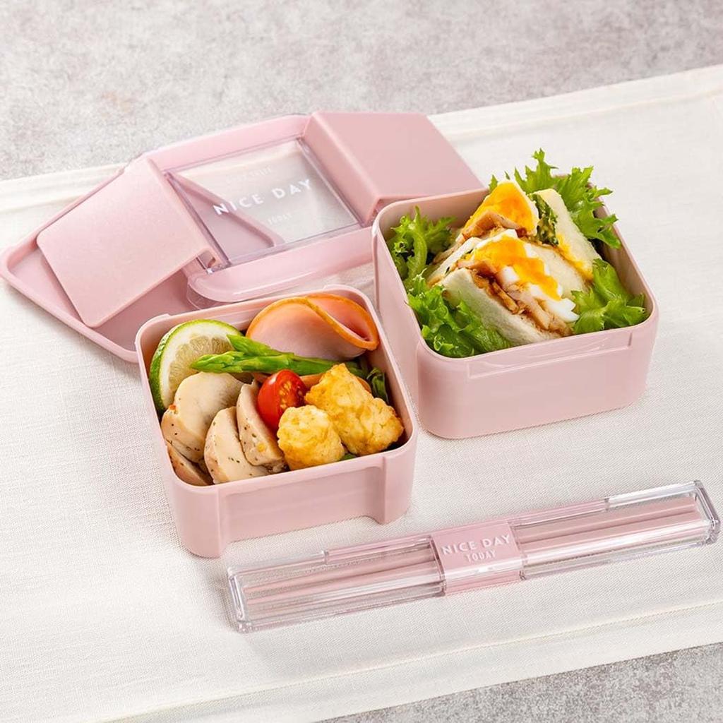 Iwasaki Kogyo Lunch with Integrated Lid and Gasket for Easy and PI Easy-Care Box, Square, Two-Tier, 680ml, Pink, Cleaning, Antibacterial,
