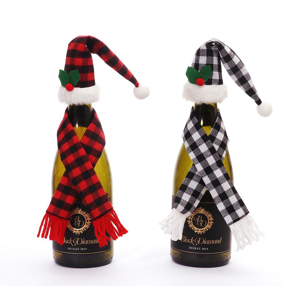 Festive Gingham Wine Bottle Covers - Tabletop Christmas Decoration Set