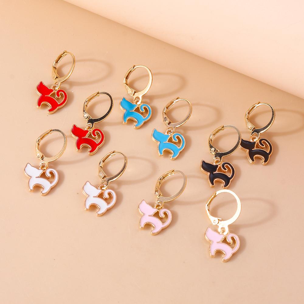 5pcs/Set Cute Enamel Cat Earrings for Women Girls Cartoon Animal Dangle Earrings Party Holiday Jewelry Gifts