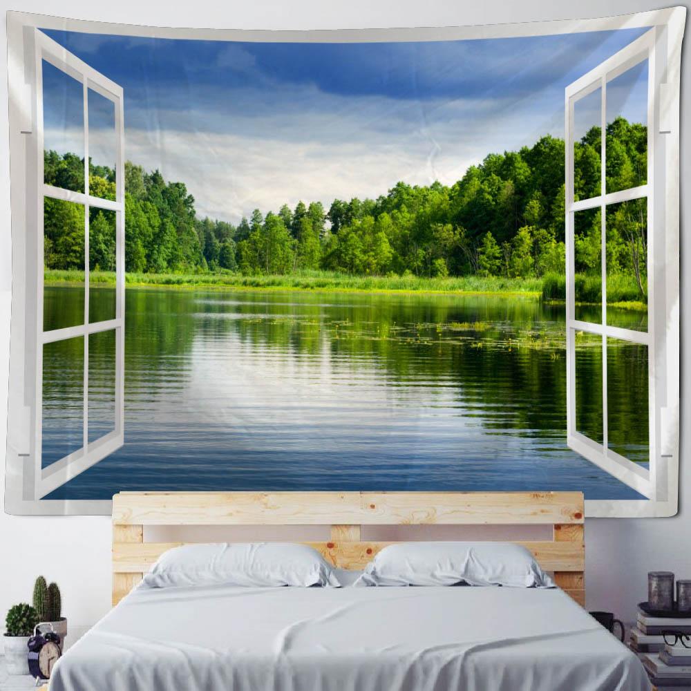Imitation Window Landscape Tapestry Wall Hanging Bohemian Hippie Home Background Cloth Living Room Bedroom Dormitory Decoration 70x100CM