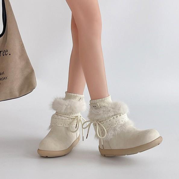 Retro style solid color lace bow velvet warm snow boots women's autumn and winter fashion flat bottom round head fashion boots