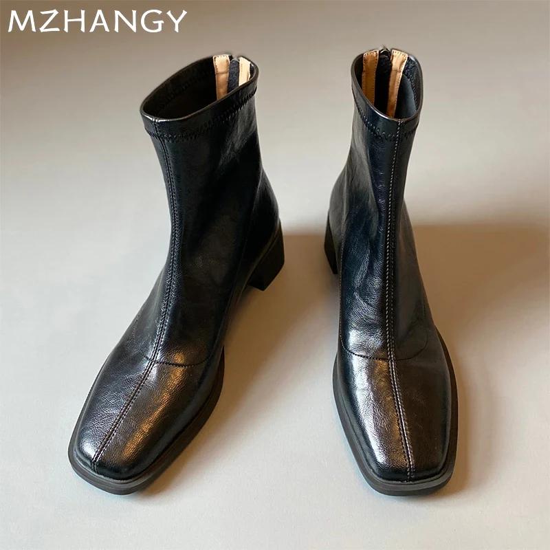 Fashion Women Square Toe Leather Ankle Boots Mid Heels Elegant Shoes Woman 2025 Trend Winter Fashion Sexy Pumps Motorcycle Boots Mujer