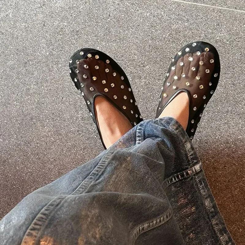 Fashion Luxury Glitter Rhinestone Designer Mesh Flats Women Summer Fashion Light Breathable Mules Loafers Elegant Comfort Ballet Shoes
