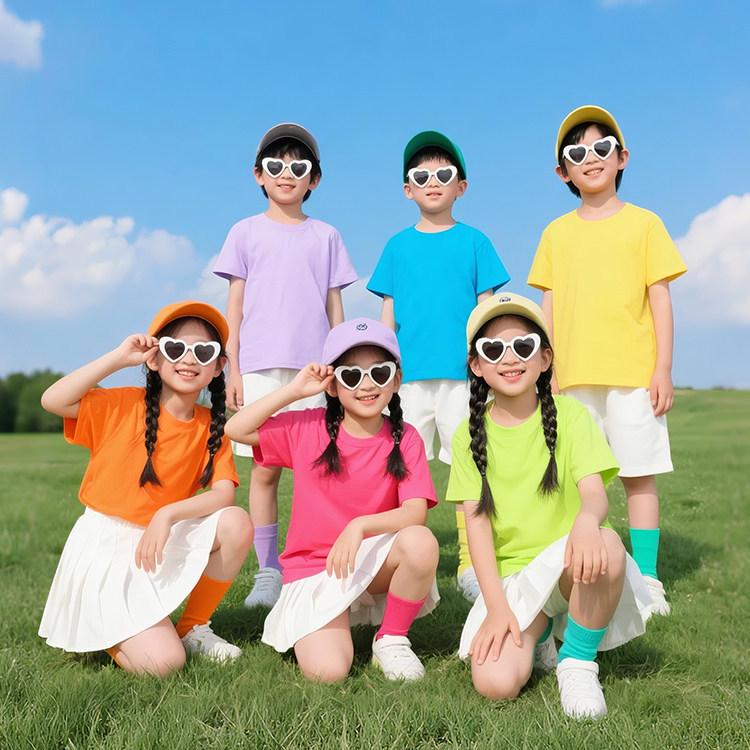 Colorful Children's Short Sleeve T-shirt Set for Kindergarten Sports and June 1st Performances.
