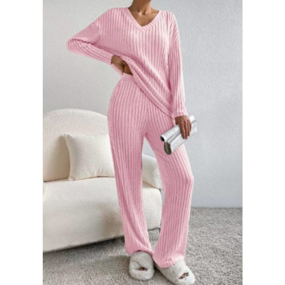 Women's Loose Knit Loungewear Set Long Sleeve V Neck Top Elastic Waist Wide Leg Pants