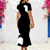 Women Plus Size V Neck Short Sleeve Black White Printed Fishtail Dress