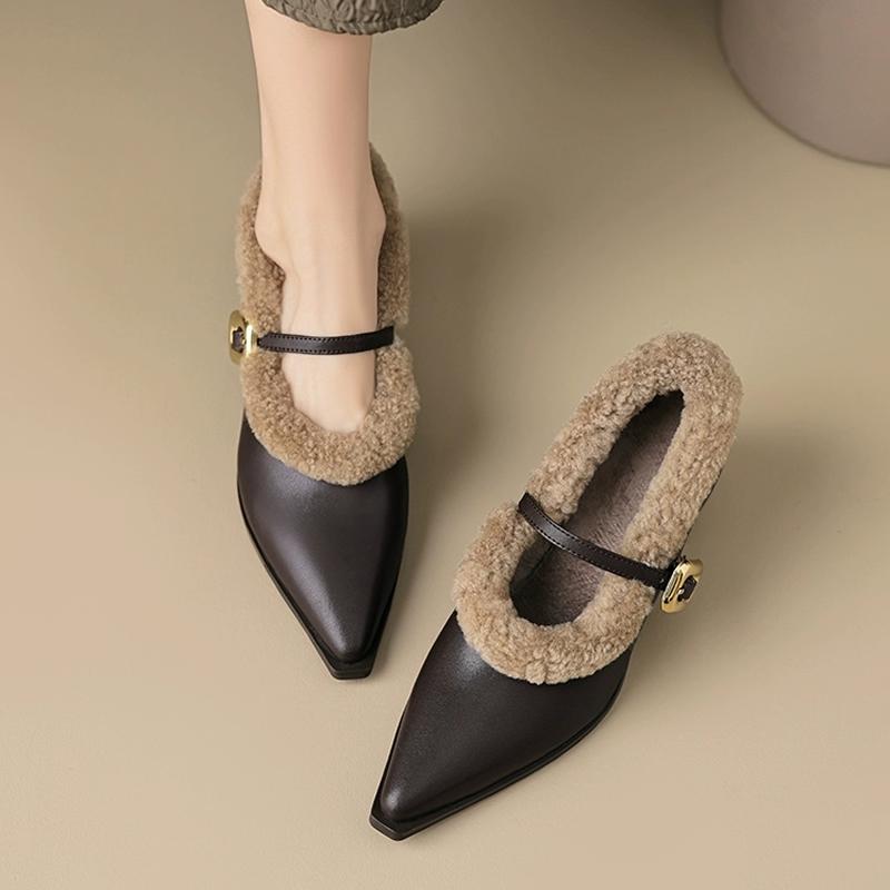 Elegant Metal Buckle Mary Janes Woman Chic Brand Design Fur Women Low Heel Dress Shoes Ladies Winter Warm Plush Belt Pump Zapato