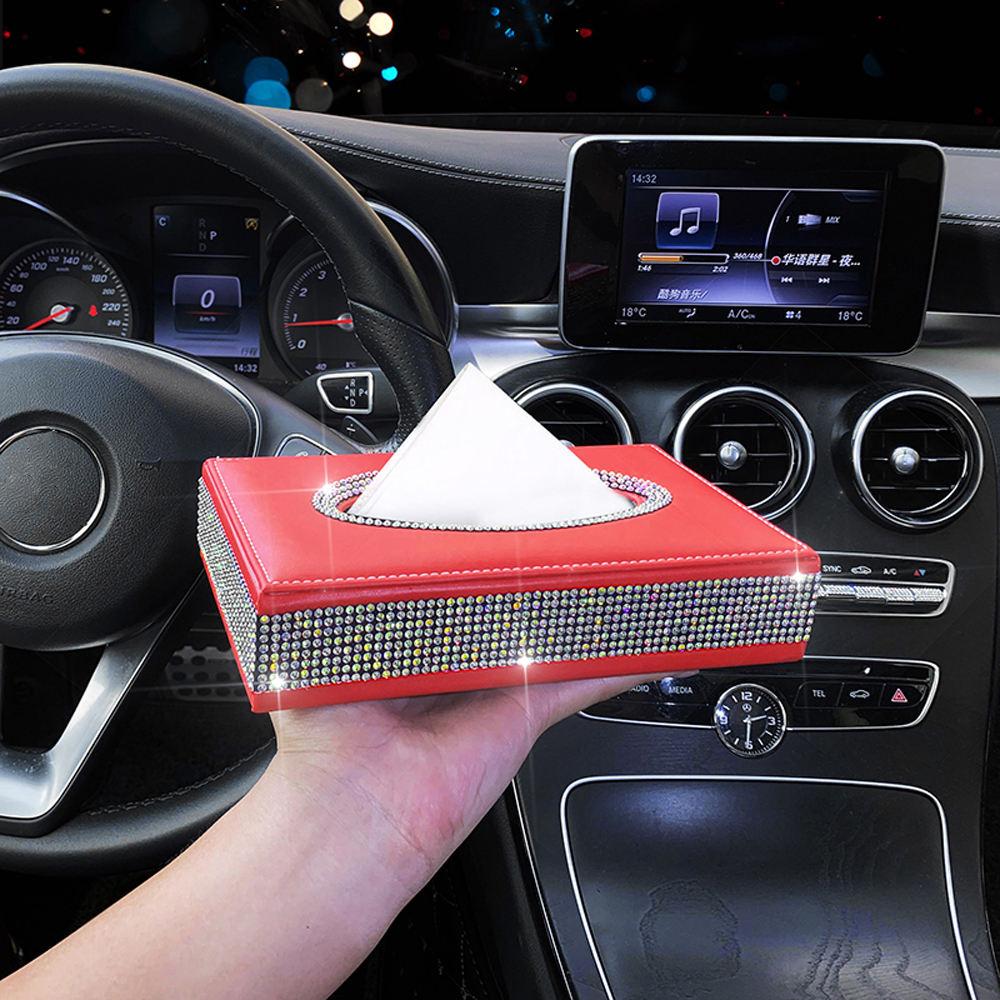 Diamond Crystal Car Tissue Box Luxury PU Leather Auto Paper Box Holder Cover Case Tray Car Accessories for Home Office Auto
