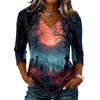 Womens Halloween Graphic V Neck T Shirt Casual 3/4 Sleeve Top Autumn Seasonal Print Loose Fit Pullover