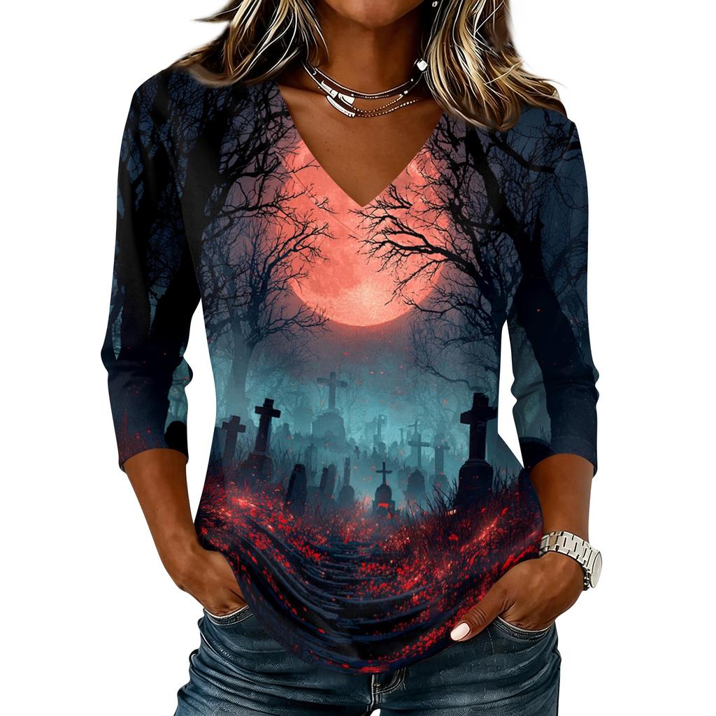Womens Halloween Graphic V Neck T Shirt Casual 3/4 Sleeve Top Autumn Seasonal Print Loose Fit Pullover