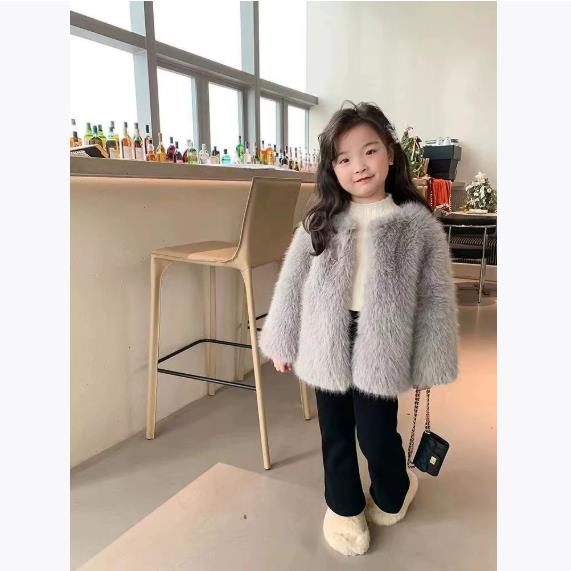 Autumn Winter Children's Fur Coat Girls Versatile Baby Solid Color Round Neck Fur Top Round Collar
