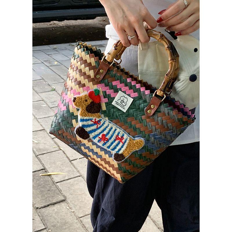 

Ретро Полоска Такса Портативная Плетеная Сумка-Корзина для Овощей Женская Пляжная Сумка-Тоут из Ротанга Большой Вместимости Picture Color