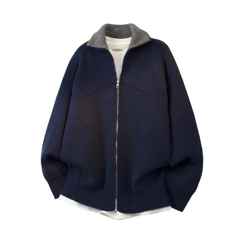 

Men s Contrast Lapel Zipper Cardigan: Autumn/Winter Loose Casual Style, Soft Knit Outerwear. Medium синій