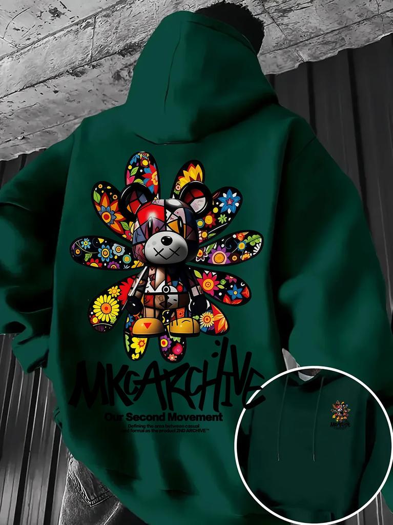 Lässiger Kapuzenpullover – Bunter Bären-Graffiti-Print mit Blumenmuster Pullover Warmes Street-Style Oberteil für Herbst/Winter