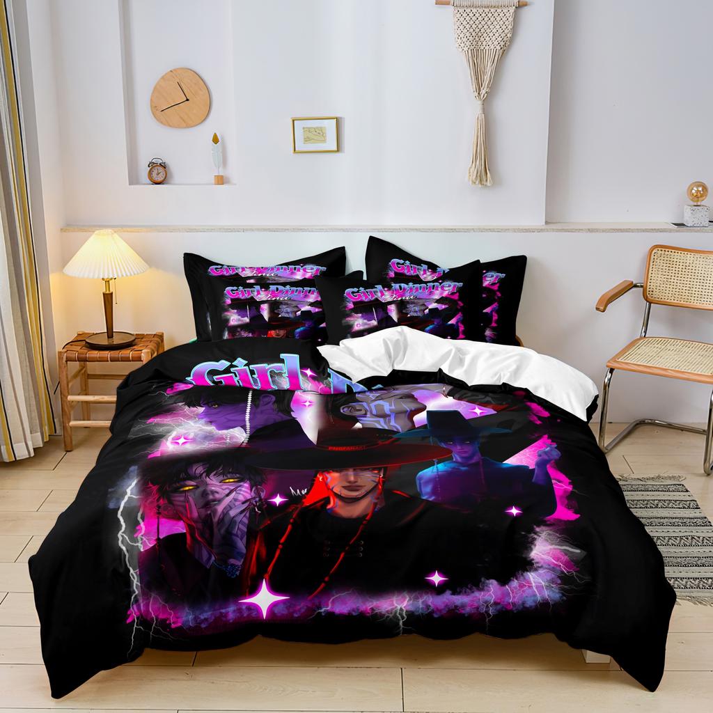 K-Pop Bedding Set Demon Hunters Themed Pink or Black Other Side Print Polyester Student Dormitory Duvet Cover Boys Girls Gift