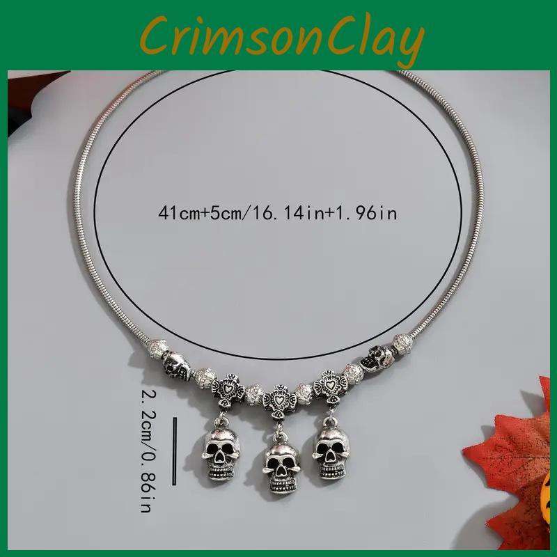 Dark Halloween Style Chain Necklace With Skeleton Head And Bat For Party Decor