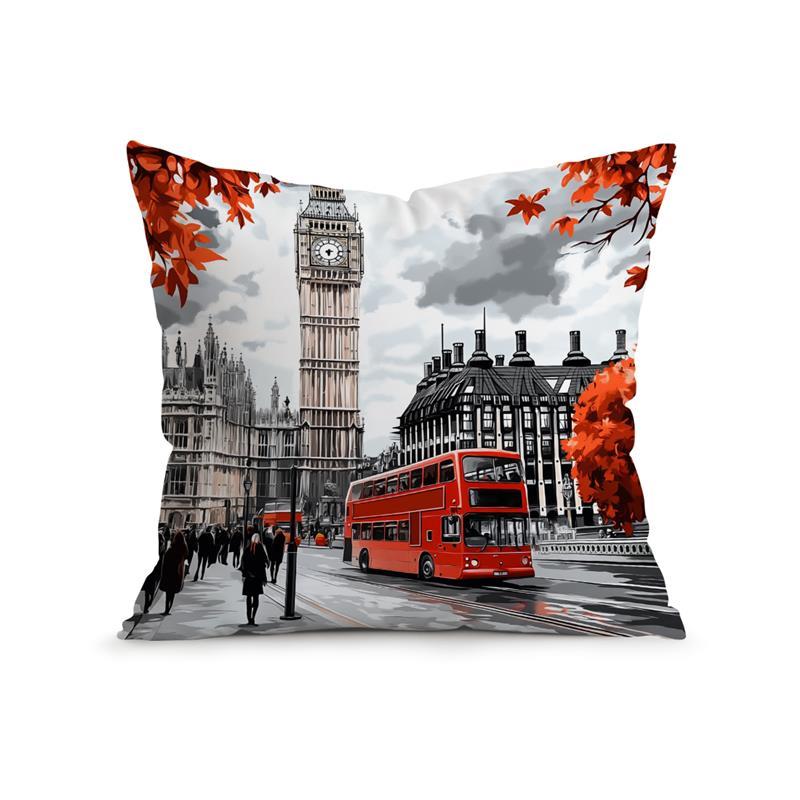 

Home Decor London Icons with Red Autumn Leaves Pillowcase Pattern Cushion Cover Suitable for Sofa Bedroom Car Pillow Cover 16x16Inch