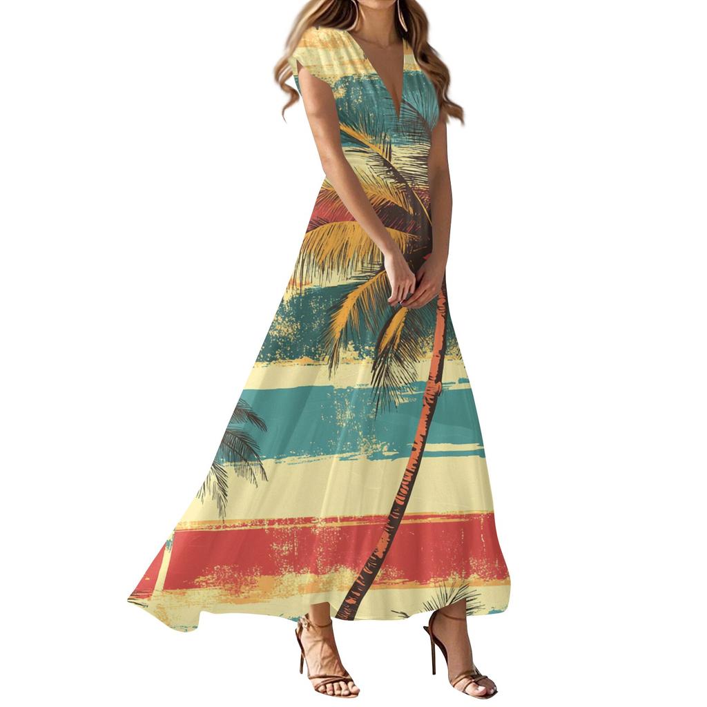 Women's Summer Casual Fashion Beach Printed Dresses V-Neck Short Sleeve Dresses