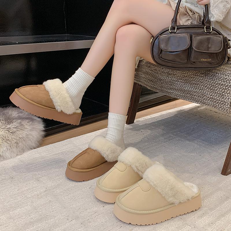 2025 new snow boots women's winter fur integrated fluffy shoes plush thick-soled warm outer wear bag head half slippers