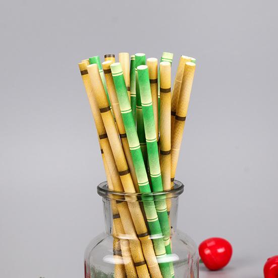 50Pcs Paper Straw Flat Mouth Bright Color Bamboo Pattern No Odor Eco-friendly Drinking Long Tropical Party Beverage Straw for Club