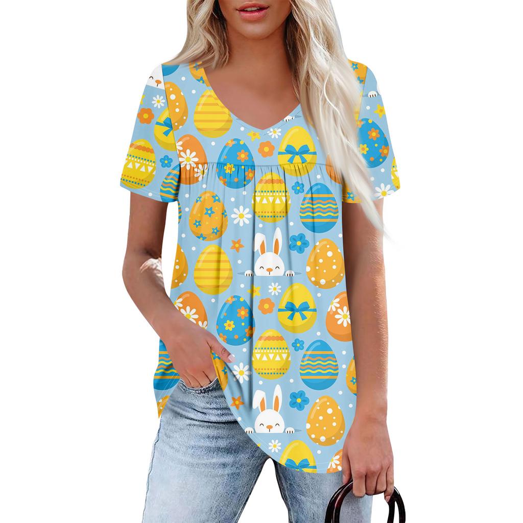 Ladies' Casual V-neck Short Sleeved Shirt With Pleated Easter Print On The Chest