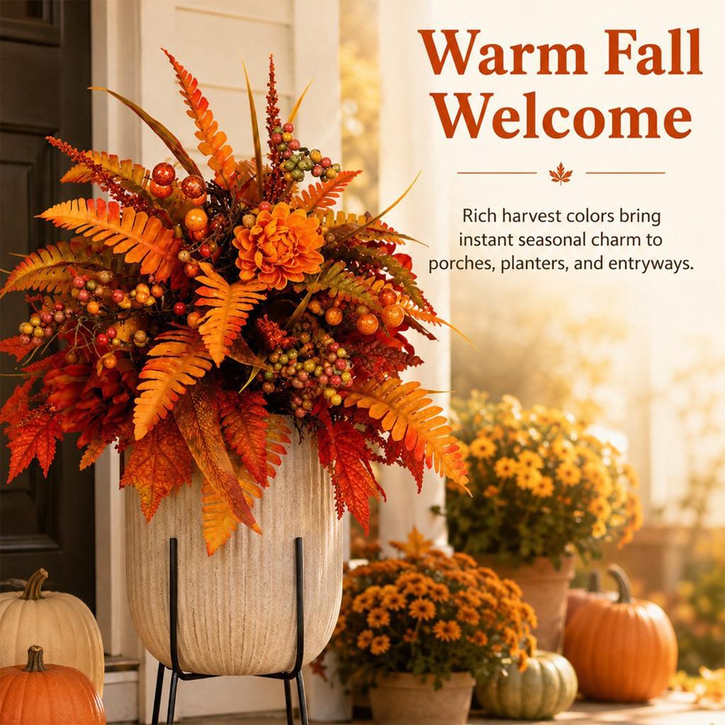 Set of 2 Fall Maple Leaf and Floral Arrangement Stands with Ground Stakes, Persian Grass Holiday Decor Display