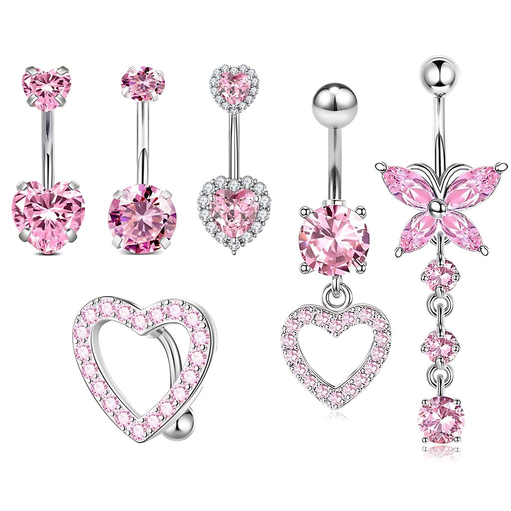 6pcs/set Pink Y2K Sexy Lady Belly Ring Cute Butterfly Heart-Shaped Inlaid Stainless Steel Navel Piercing Zircon Body for Wedding
