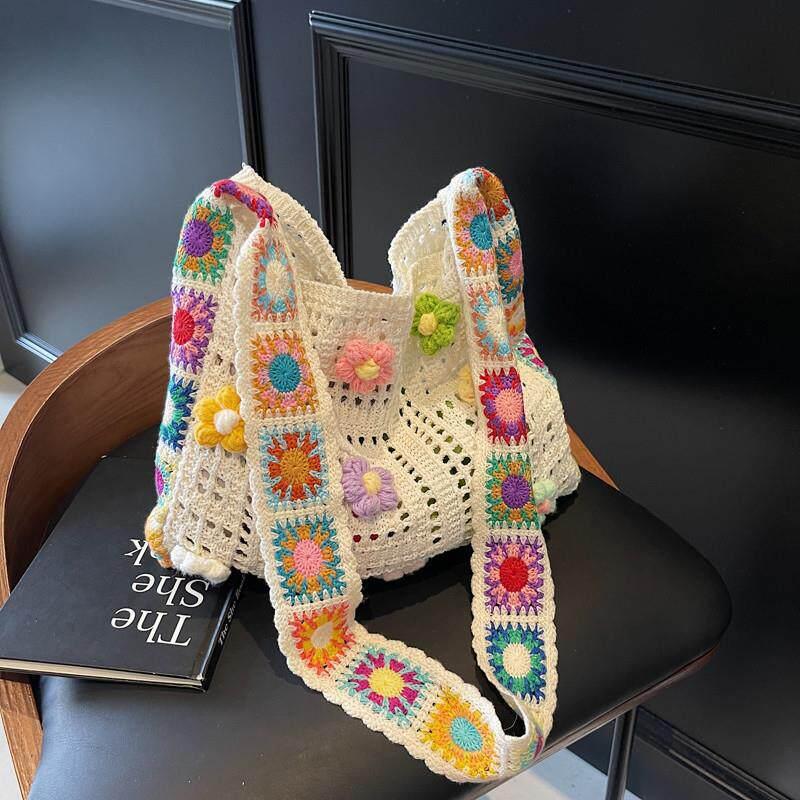 Large Capacity Boho Tote Bag Trendy Floral Crochet Handbag Vintage Multicolor Cut-out Knitted Handbag Fashionable Hollow Out