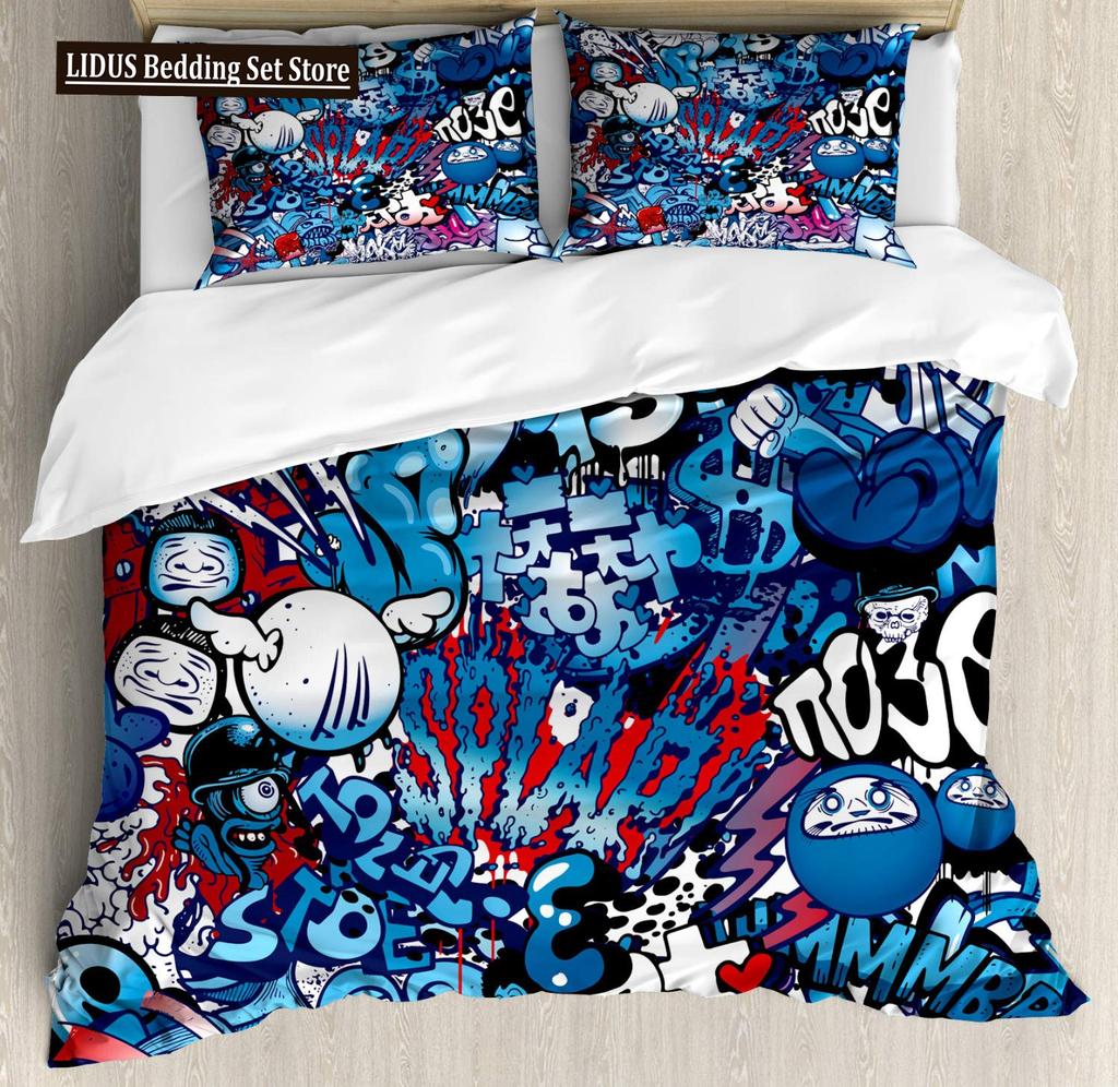 Zestaw poszwy na kołdrę Graffiti dla nastolatków chłopców Hip Hop Art Zestaw poszwy na kołdrę Muzyka rockowa Sportowy zestaw pościeli Zestaw poszwy na kołdrę Rozmiar Queen