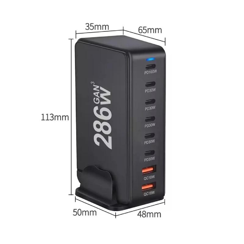 286W Gan Charge Fast 3.0 USB Type C Fast Charger Mobile 8-port USB Type C PD Charger Convenient To Carry Tablet Charger