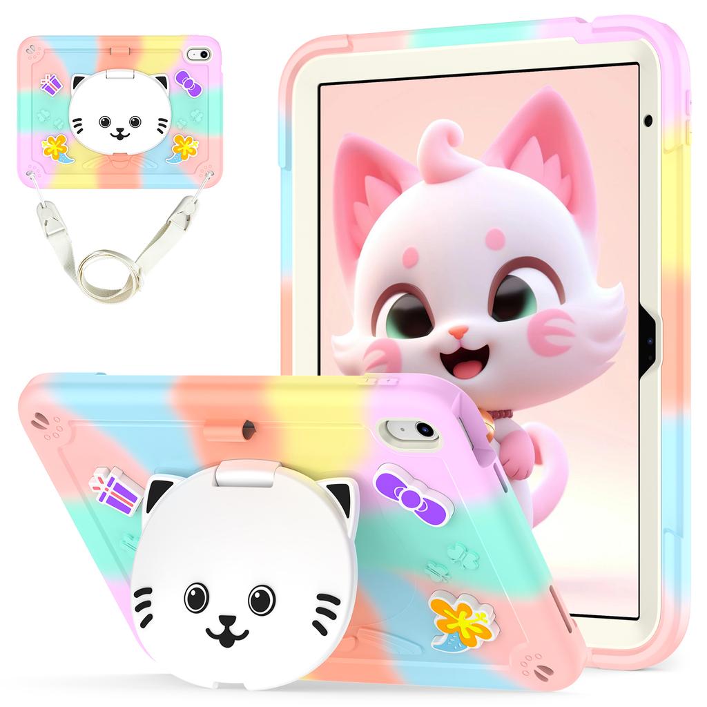 For iPad (2025)/iPad 10.9 (2022) Case PC + Silicone Colorful Tablet Cover with Cat Kickstand/Shoulder Strap