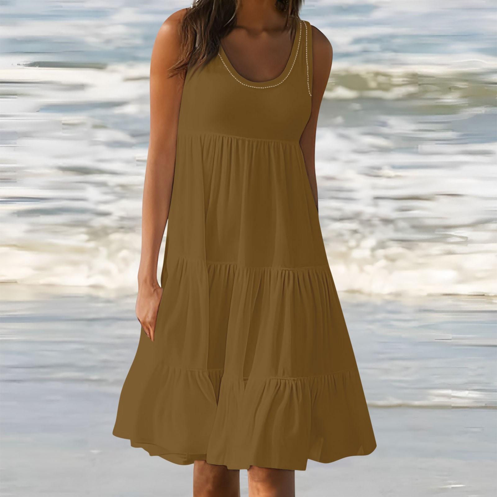 

Женские платья-жилеты Лето-весна Плиссированные богемные платья Симпатичные струящиеся пляжные платья без рукавов Прямая футболка Платья-майки Платья с круглым вырезом XXXL верблюд