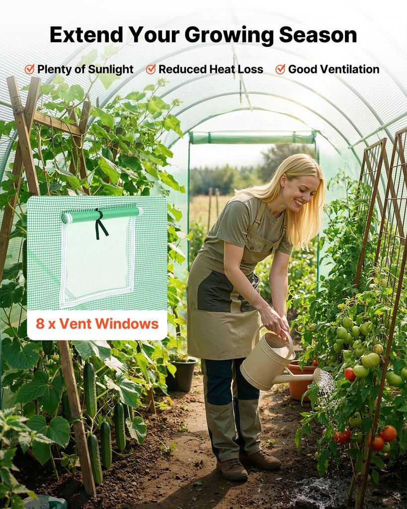 Walk-in Tunnel Greenhouse, 4.48x1.97x1.97 M Hoop House Greenhouse Tunnel with Watering System, Plant Hot House with Steel Frame, PE Cover, Roll-Up