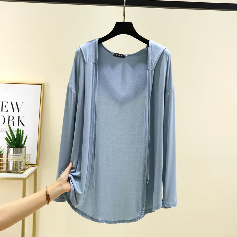 Long Sleeves Modal Hooded Cardigan Women's Thin Loose Outer Wear Sun Protection Top Plus Size Loose Pure Color Casual Outwear